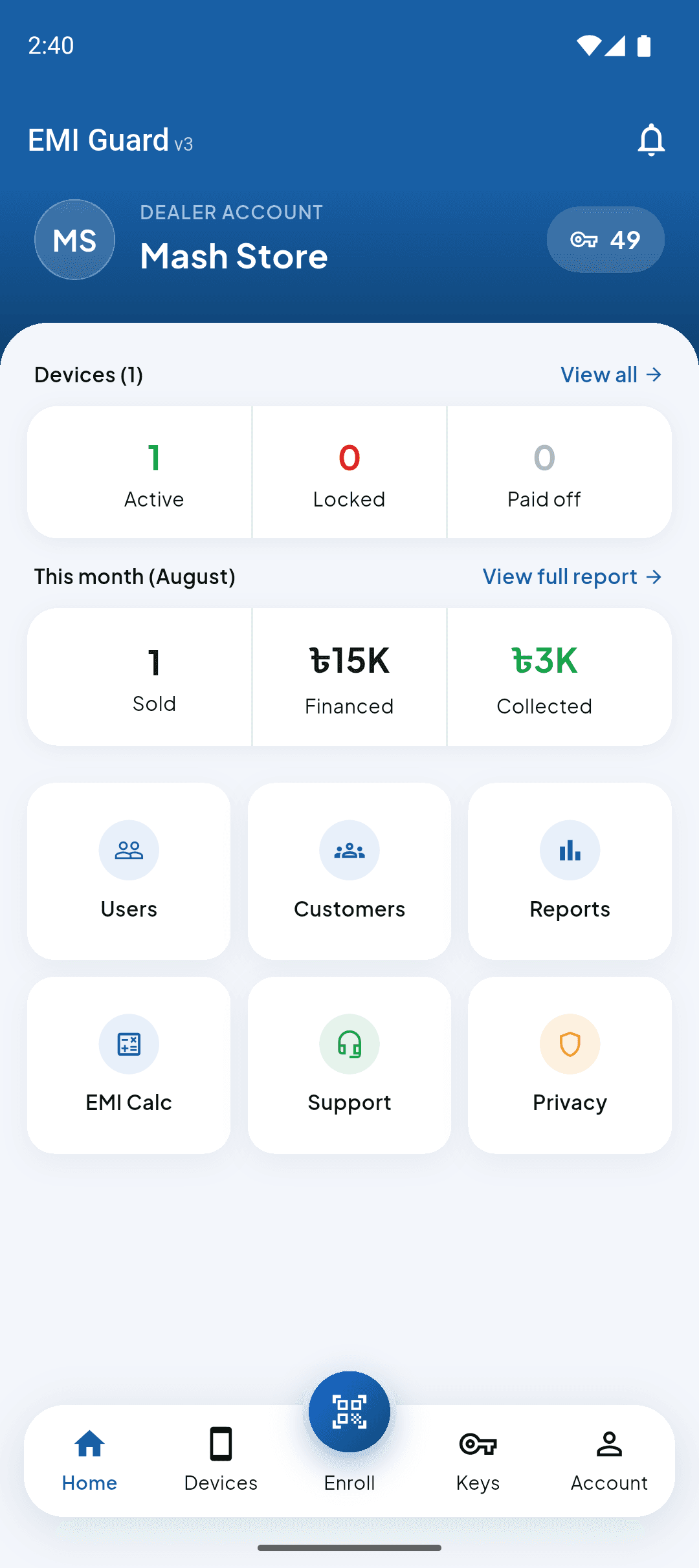 EmiLock home screen showing device counts, this month's sales and quick actions
